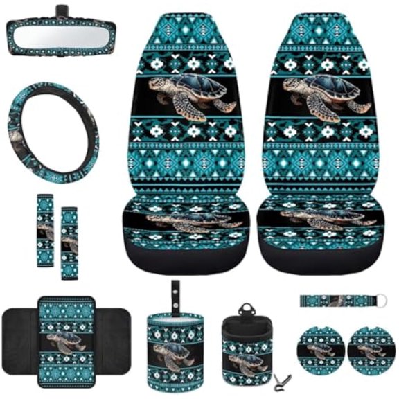 Jeiento Sea Turtle Front Car Seat Cover Set with Steering Wheel Cover Seat Belt Pads Center Console Pad Trash Bin Phone Holder Rearview Mirror Cover Cup Holder Key Chain 12pcs, Southwest Aztec Blue