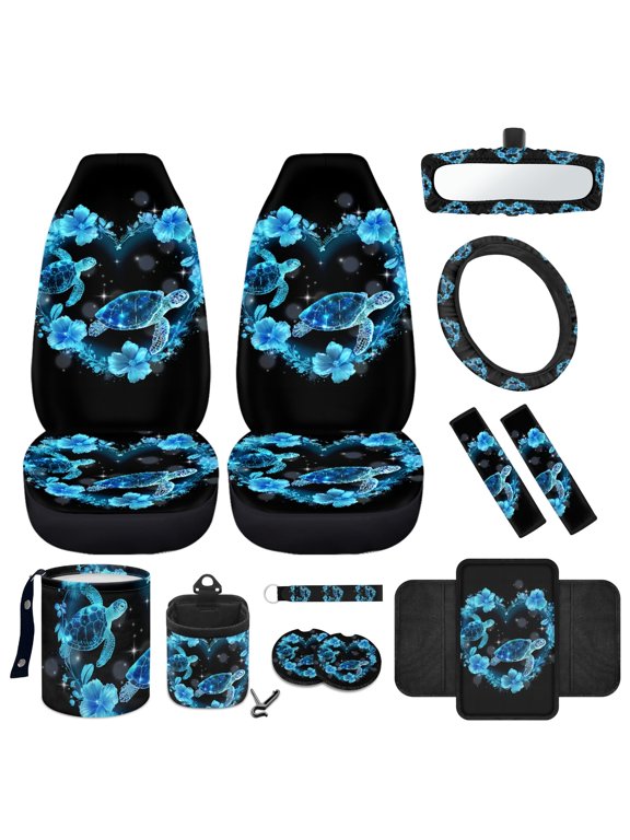 Sea Turtle Front Car Seat Covers Full Set of 12 Steering Wheel Cover Seatbelt Pads Armrest Pad Coasters Love Heart Garbage Bin Rear View Mirror Cover Keychain Air Vent Pouch Universal Fit