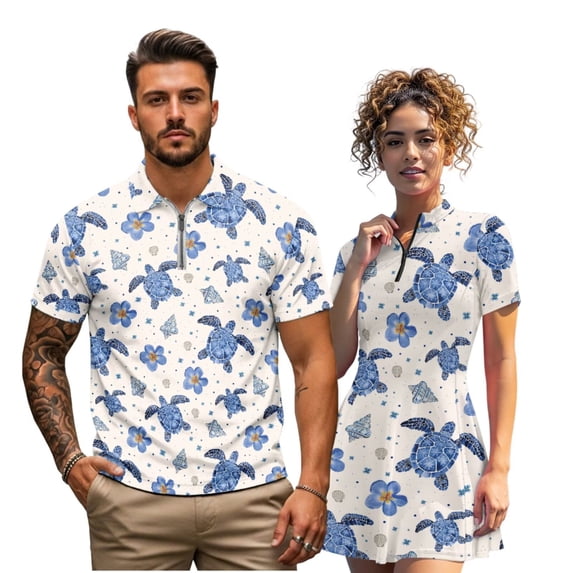 Jeiento Sea Turtle Matching Golf Outfits for Couples Men's Zipper Shirts for Work Business Sport Tropical Floral Casual Breathable Short Sleeve Tennis Dress for Women