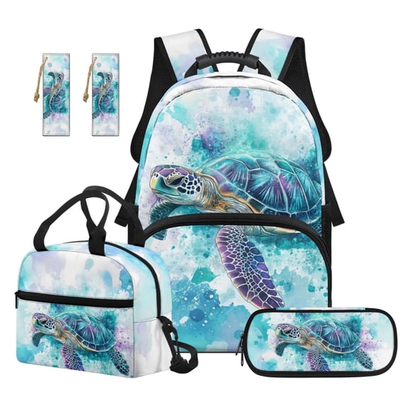 Jeiento Sea Turtle Print Kids Backpack and Lunch Box Set 4-Piece 17 Inch School Backpack, Lunch Bag, Pencil Case, Bookmark, for Elementary Boys and Girls Back to School