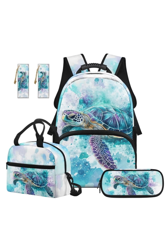 Sea Turtle Print Kids Backpack and Lunch Box Set 4-Piece 17 Inch School Backpack, Lunch Bag, Pencil Case, Bookmark, for Elementary Boys and Girls Back to School