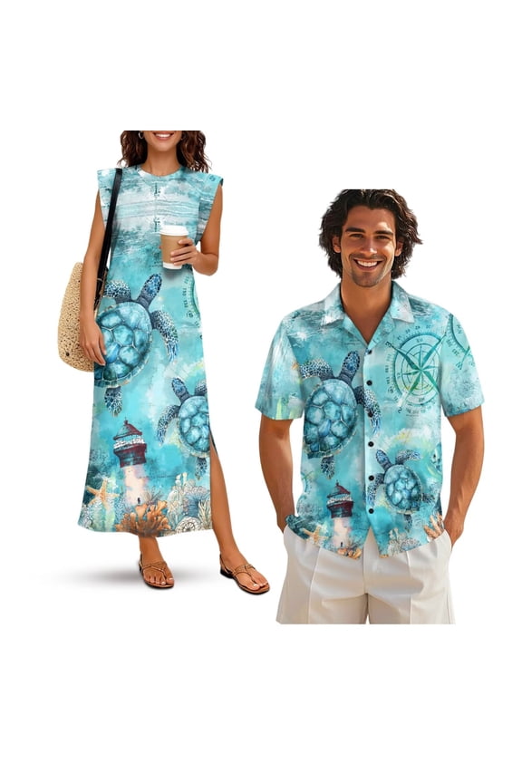 Sea Turtle Summer Dress for Women Tropical Shirts for Men Couple Outfits Matching Sets Mens Button Up Shirts Sleeveless Dress for Women