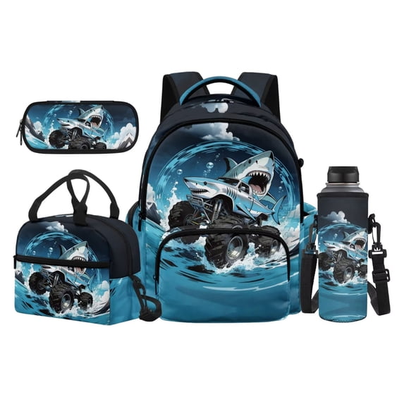 Jeiento Shark 17 Inch Water-Resistant School Backpack Set 4-Piece Lunch Bag Pencil Case Water Bottle Holder Lightweight Large Capacity Bookbag for Kids Teenagers, Blue