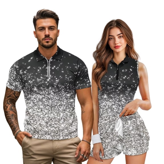Jeiento Silver Glitter Matching Couple Golf Outfits His and Hers Quick Dry Shirt for Men Women Sleeveless Tennis Dress with Built in Shorts Pockets Summer Activewear