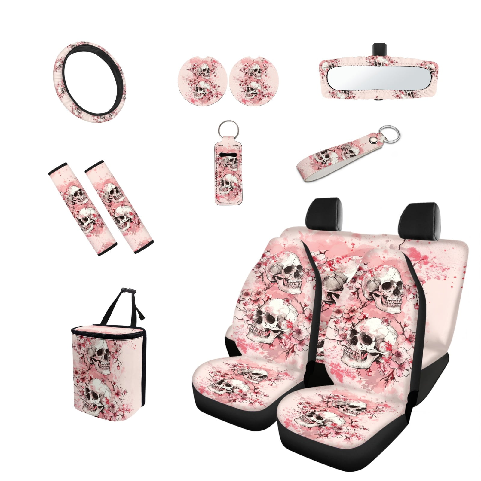 Jeiento Skeleton Car Front Back Seat Covers Full Set with Steering Wheel Cover Seatbelt Pad Trash Bin Auto Rear View Mirror Covers Coasters Keychain Pink Cherry Blossom Lipstick Holder 13pcs