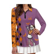 Jeiento Skeleton Golfer Women's Golf Shirts, Long Sleeve Sports Tops Lightweight Tennis Shirts, 1/4 Zip, Moisture Wicking, Sun Protection, Suitable for Halloween Gatherings and Hiking