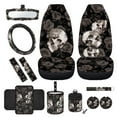 thumbnail image 1 of Jeiento Skull Car Front Seat Covers Set Steering Wheel Cover Seat Belt Pads Armrest Pad Rose Trash Bin Air Vent Bag Rear View Mirror Cover Coasters Keychain Auto Accessories Set of 12, 1 of 9