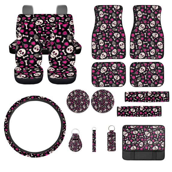 Jeiento Skull Car Seat Cover Full Set with Car Front Back Floor Mats Love Heart Armrest Cover Seatbelt Pads Cup Coaster Wristlet Keychain Universal Fits for Cars Truck Van SUV Sedan Auto Accessory