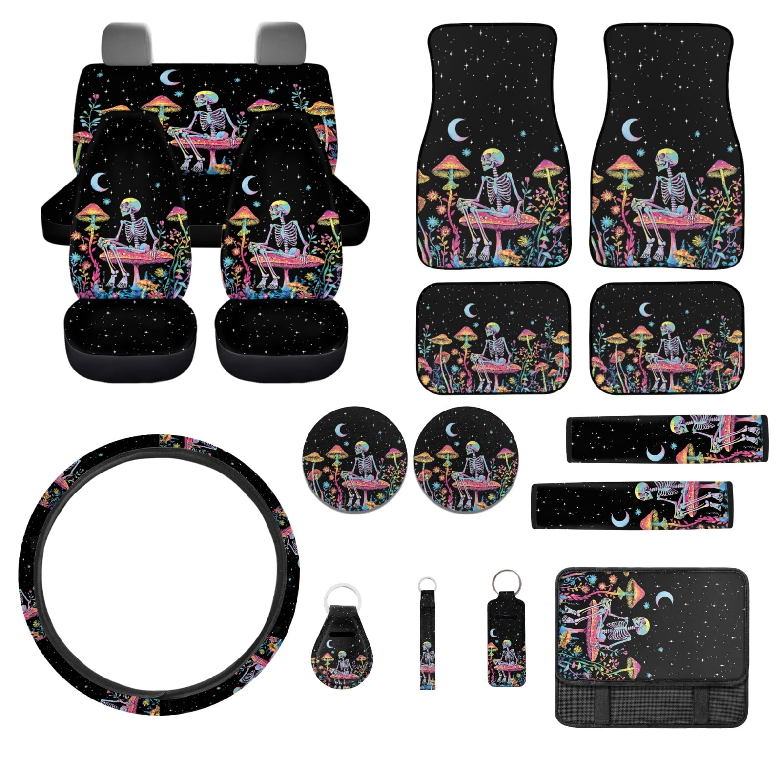 Jeiento Skull Car Seat Cover Set Car Floor Mats Steering Wheel Cover Seatbelt Cover Keychains Armrest Cover Keychain Aesthetic Mushroom Lipstick Holder 17 Pieces Auto Interior Accessories