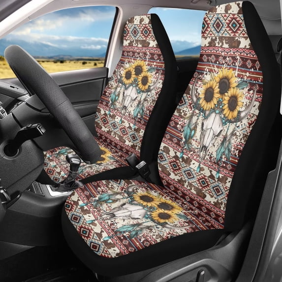 Jeiento Skull Car Seat Covers 2 Pcs Waterproof Car Seat Cover Southwest Aztec High Back Driver Seat Cover Red Soft Stretch Bucket Seat Covers Universal Size Fit for Most Cars SUVs Trucks Sedans Van