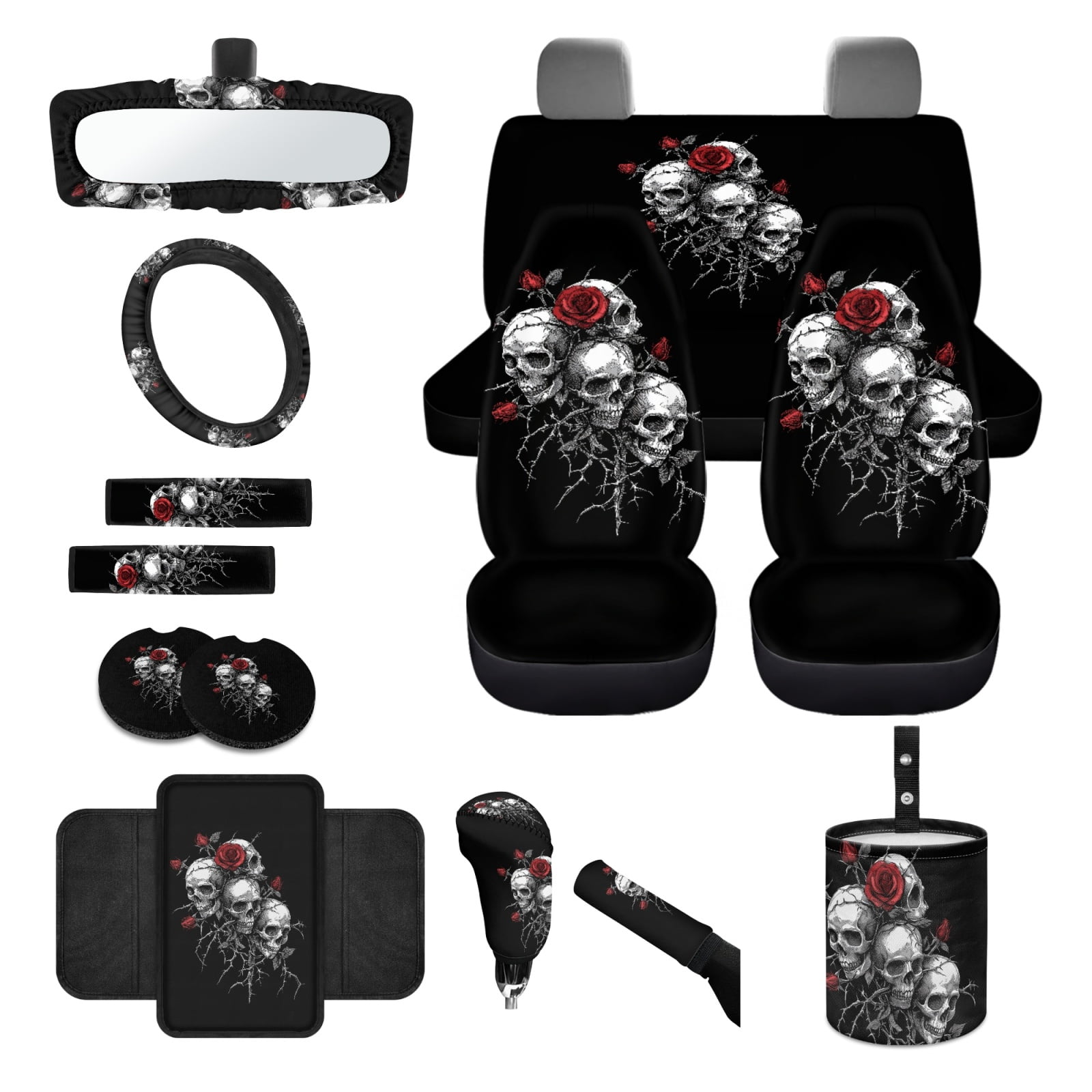Jeiento Skull Car Seat Covers Set with Steering Wheel Cover Seat Belt Pads Garbage Bag Rose Armrest Cover Handbrake Cover Set Rear View Mirror Protector Coasters Auto Accessory Fit for SUV Van Truck