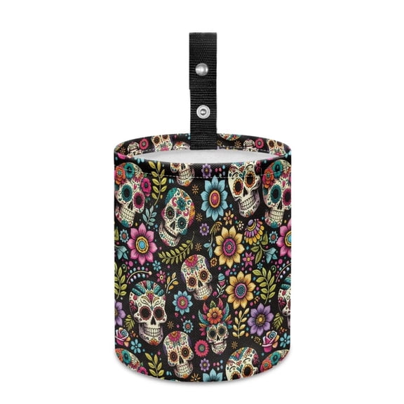 Jeiento Skull Car Trash Can Trash Bag Flower Hanging Dustbin Bin Garbage Can Adjustable Button Straps Home Office Camping Picnic Beach Storage Organizer Bag Container
