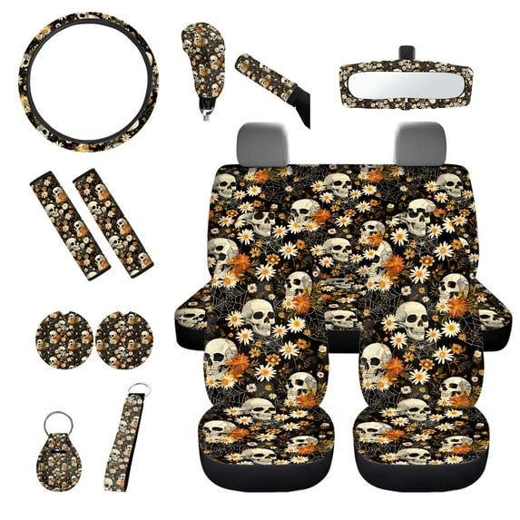 Jeiento Skull Daisy 14 Pieces Car Seat Cover Set with Auto Steering Wheel Cover Seat Belt Strap Cup Holder Rear View Mirror Covers Keychain Handbrake Cover Set for Truck Sedan SUV