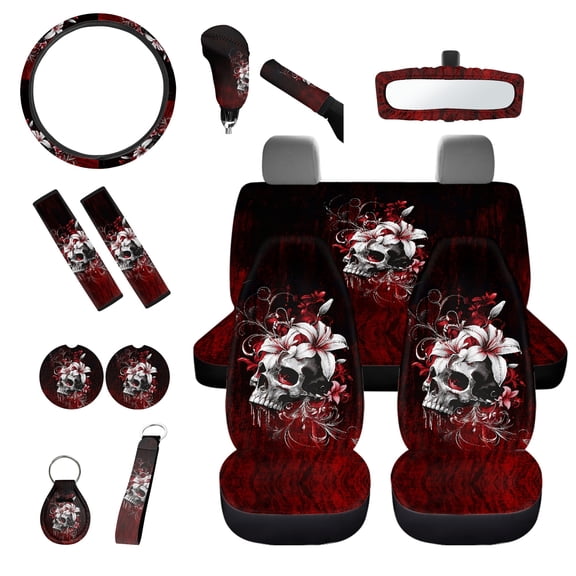 Jeiento Skull Flower Car Accessories Sets 14 PCS Car Seat Covers Full Set with Steering Wheel Cover Seatbelt Pads Gear Shift Knob Cover Set Rearview Mirror Cover Coasters Keychains, Red