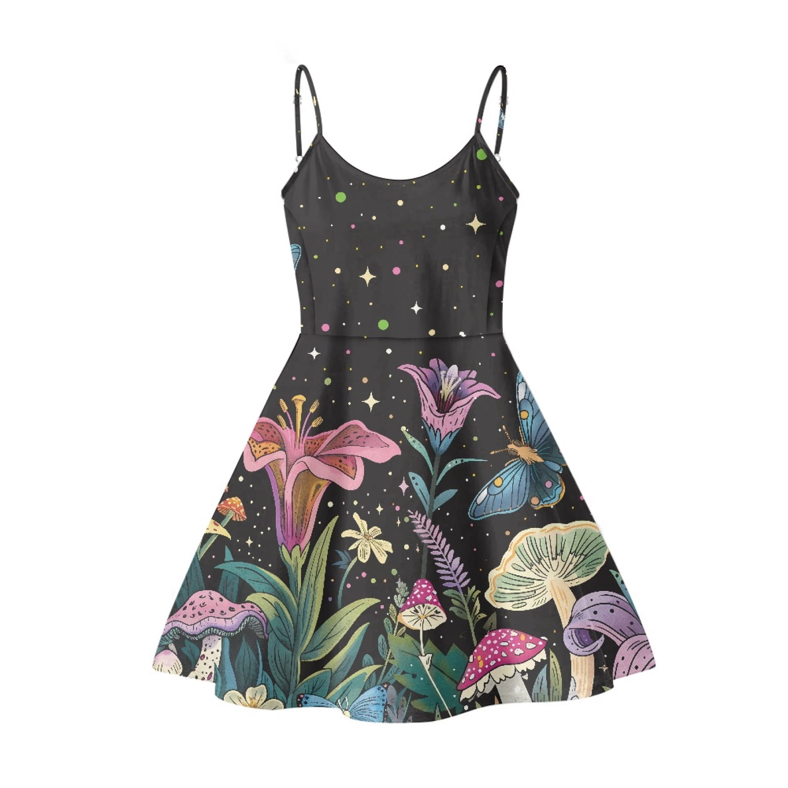 Jeiento Sleeveless Dresses for Women Soft Swing Flared Summer Party Fashion Midi Dress with Spaghetti Strap Great Gift for Teen Girls Size M, Aesthetic Mushroom