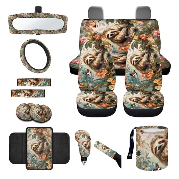 Jeiento Sloth 14 PCS Car Accessories Set Car Seat Protector Steering Wheel Cover Seatbelt Strap Pad Trash Can Armrest Cover Pad Cup Coasters Rearview Mirror Cover Handbrake Cover Set for SUV Truck