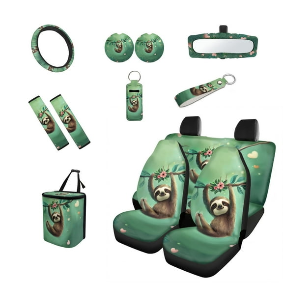 Jeiento Sloth Auto Seat Covers Full Set with Steering Wheel Cover Seatbelt Covers Trash Bin Rear View Mirror Protector Cup Coasters Keychain Chapstick Holder 13pcs Green Car Accessory for SUV Van