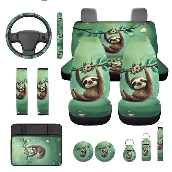 Jeiento Sloth Car Seat Cover Full Set with Steering Wheel Cover Seat Belt Strap Pads Armrest Pad Coasters Keychain Lipstick Holder Green 13 PCS Automobile Accessory Interior Decor