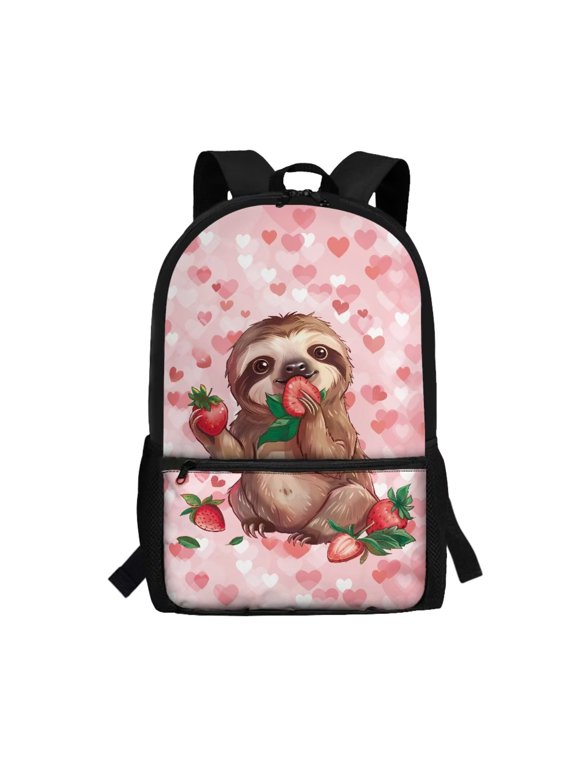 Sloth Kids Backpack for Girls Elementary Kindergarten Preschool School Bag Strawberry Teen Backpacks for Girls Middle School Lightweight Travel Backpack for Women Pink