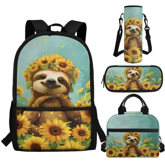 Jeiento Sloth School Backpack and Lunch Box Set for Kids 8-9 4 in 1 Elementary School Book Bags for 6th Grade Boys with Lunch Bag Pencil Box Water Bottle Holder Sunflower Girls Schoolbag Green