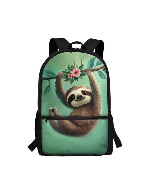 Sloth School Backpacks for Girls Boys Middle School Bags 17inch Book Bag High College Student Backpacks with Side Pocket Green Teens Daypack Light Weight Laptop Bags