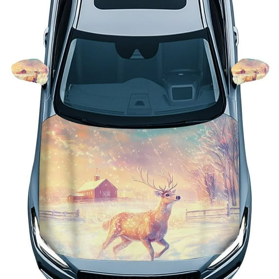 Jeiento Snow Deer Car Hood Cover with Mirror Covers 3 Pcs Combo Set Easy to Install Vehicles Decorate Accessories Sturdy Winter Rearview Guard Protection from Ice & Bird Droppings