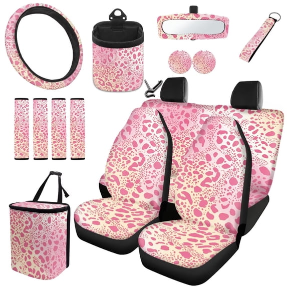 Jeiento Soft Pastel Pink Leopard Car Interior Complete Set 15 Pack, Universal Seat Protector Rearview Mirror Cover Storage Organizer Seatbelt Pads for Women Vehicles