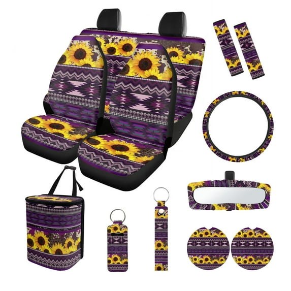 Jeiento Southwest Aztec 13 Pack Automobile Seat Cover Set Car Steering Wheel Cover Car Seat Belt Cover Sunflower Car Trash Can Car Coasters Purple Car Decor Accessories Fit Most Car Truck SUV Van