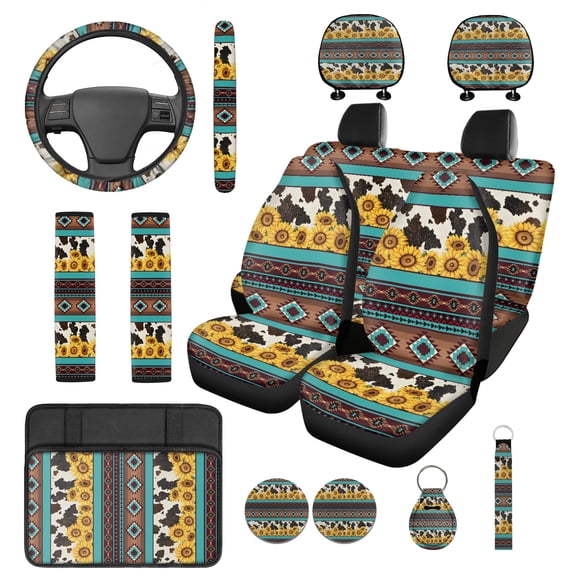Jeiento Southwest Aztec 14 PCS Car Seat Cover Set Cow Print Steering Wheel Cover Sunflower Seat Belt Strap Pads Cup Coasters Armrest Cover Pad Headrest Covers Key Ring Automotive Accessory