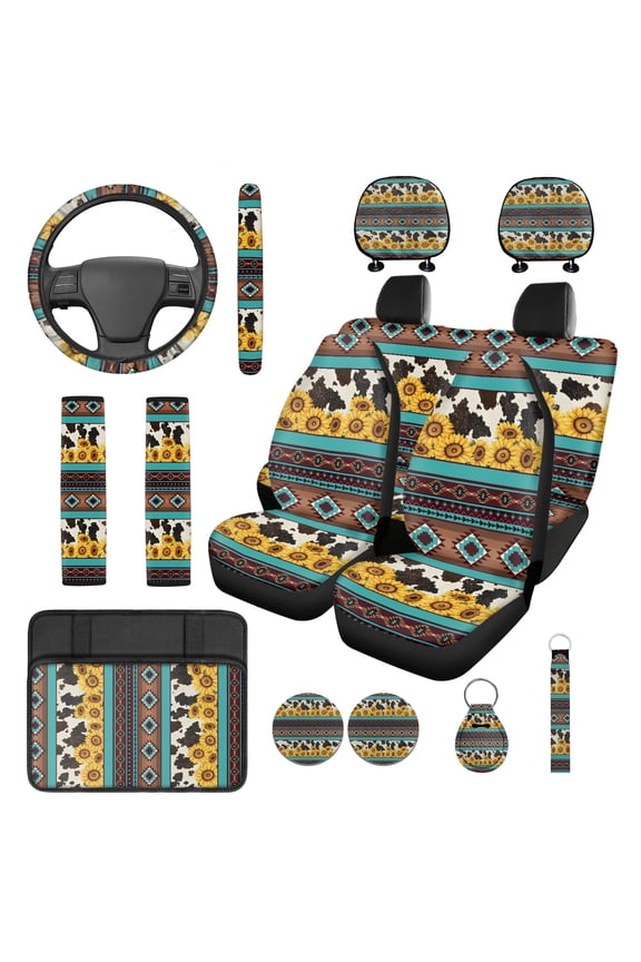 Southwest Aztec 14 PCS Car Seat Cover Set Cow Print Steering Wheel Cover Sunflower Seat Belt Strap Pads Cup Coasters Armrest Cover Pad Headrest Covers Key Ring Automotive Accessory