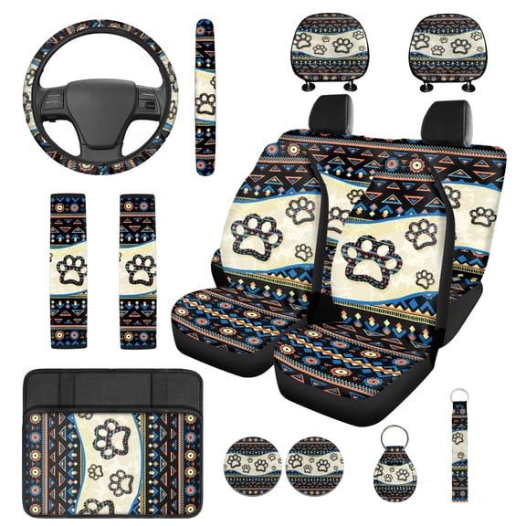 Jeiento Southwest Aztec 14 PCS Car Seat Covers Steering Wheel Cover Heart Seatbelt Strap Pad Armrest Cover Pad Headrest Covers Paw Print Keychain Cup Coasters for SUV Truck Van Sedans