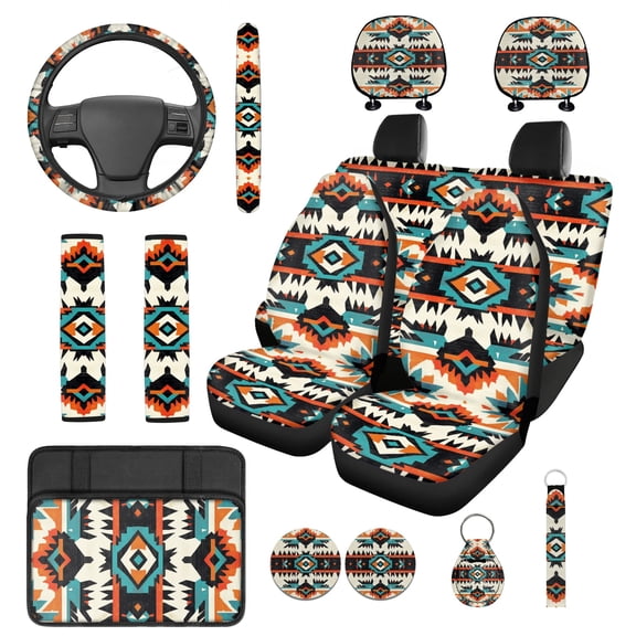 Jeiento Southwest Aztec 14 PCS Car Seat Covers and Steering Wheel Cover Seatbelt Strap Pad Armrest Cover Pad Headrest Cover Cup Coasters Key Ring