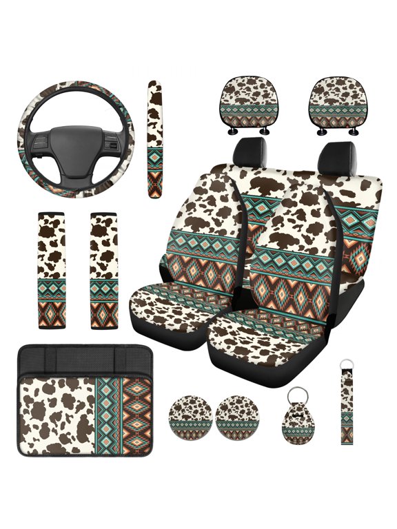 Southwest Aztec 14 Pack Car Seat Cover Set Cow Print Steering Wheel Cover Seat Belt Covers Center Console Cover Headrest Covers KeychainCoasters Auto Accessories