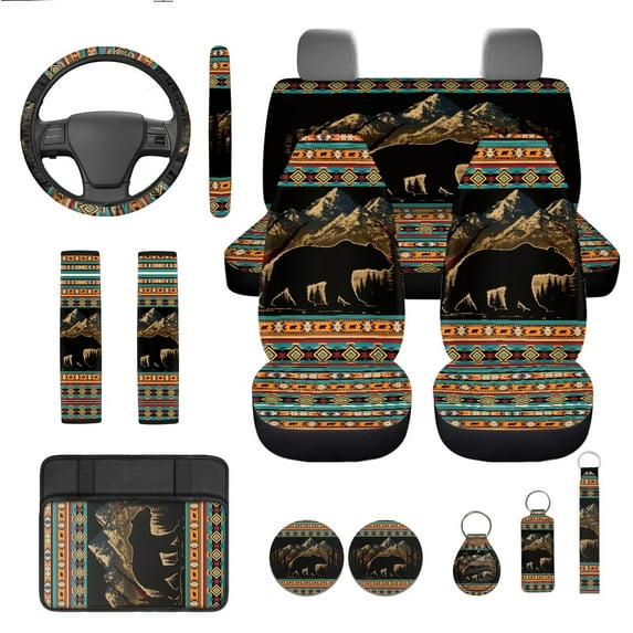 Jeiento Southwest Aztec Bear 13 Pack Car Seat Cover Set, Including Steering Wheel, Auto Seatbelt Pads, Cup Coasters, Armrest Pad, Lipstick Holder, Mountain Auto Interior Accessories Easy Install