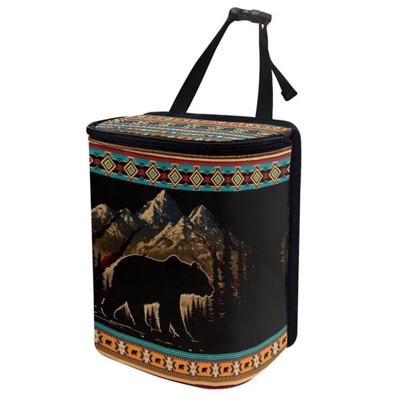 Jeiento Southwest Aztec Bear Car Trash Can with Lid Portable Garbage Can Hanging for Headrest Leakproof Organizer and Storage Bag Automobile Accessories
