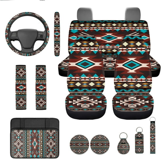 Jeiento Southwest Aztec Car Seat Cover Full Set, 13 Pcs Auto Interior Accessories Set with Native Tribal Steering Wheel Cover, Seatbelt Pads, Armrest Cushion, Coaster, Keychain, Fit for SUV, Truck