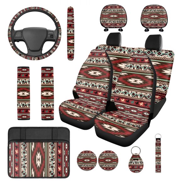 Jeiento Southwest Aztec Car Seat Cover Full Set of 14 Steering Wheel Cover Seatbelt Pads Auto Armrest Cover Head Rest Covers Coasters Key Chain Red Auto Accessory Fit for Van SUV Truck Sedan