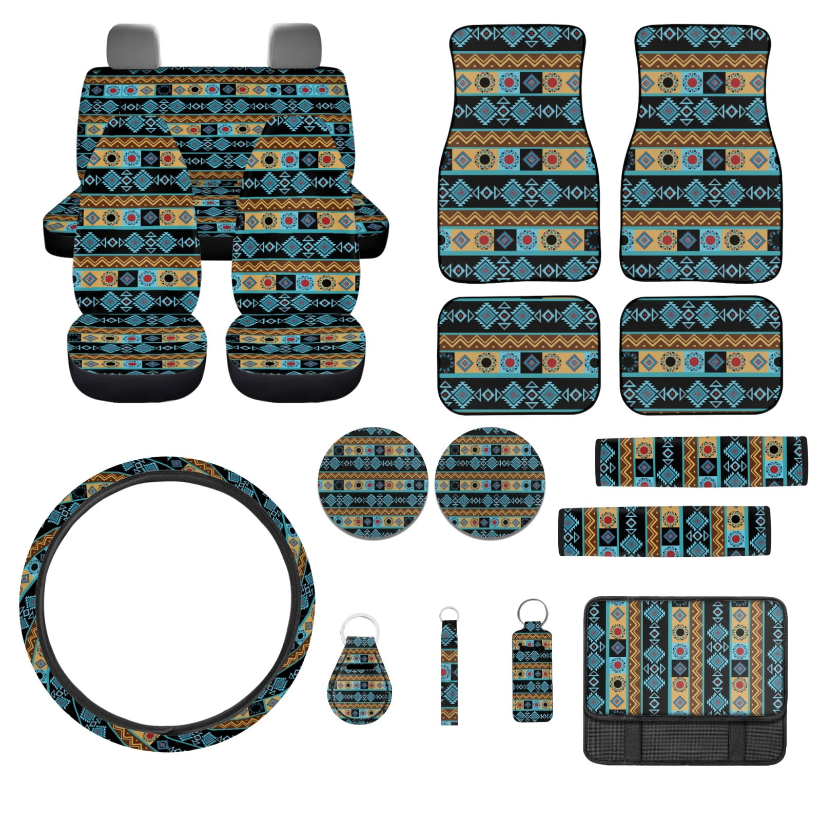 Jeiento Southwest Aztec Car Seat Cover Full Set Car Floor Mats Steering Wheel Cover Seatbelt Pad Armrest Cover Cup Coaster Keychains Lipstick Holder Tribal Ethnic Style Auto Accessories Set 17pcs
