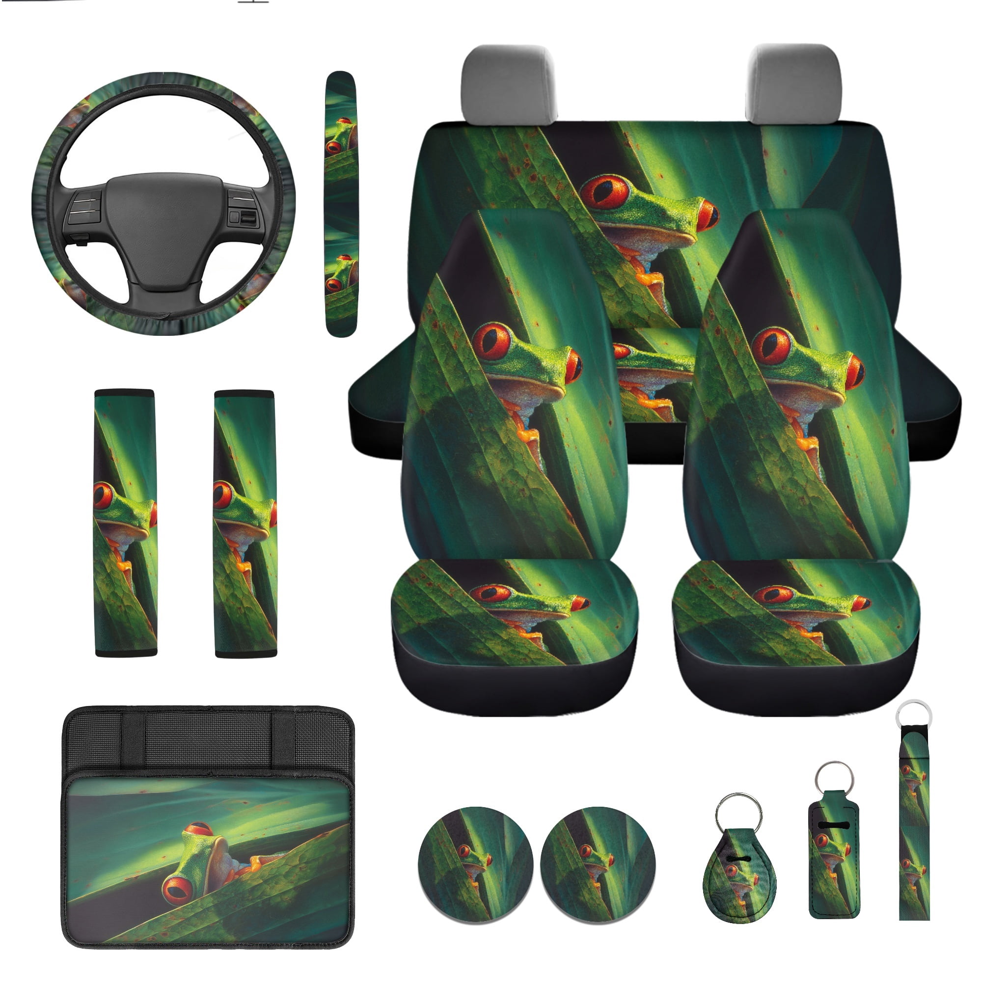 Jeiento Frog Car Seat Cover Full Set of 13 Steering Wheel Cover Seatbelt Pad Armrest Cover Cushion Green Leaves Coasters Key Chain for SUV Van Truck Truck Interior Automobile Accessory Sets