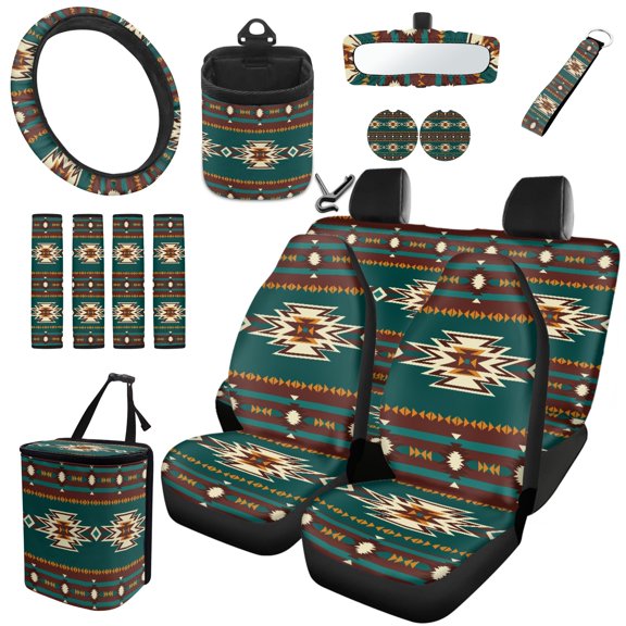 Jeiento Southwest Aztec Car Seat Cover Full Set with Steering Wheel Cover Seat Belt Strap Pads Green Car Coasters Trash Bag Auto Air Vent Storage Holder Rearview Mirror Cover Keychain 15 Pcs