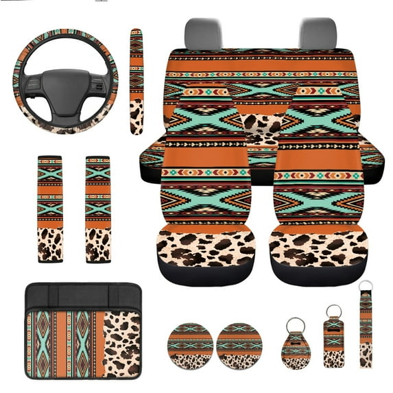 Jeiento Southwest Aztec Car Seat Covers Front Rear Split Bench Full Set Steering Wheel Seat Belt Pads Coasters Armrest Pad Keychain Cow Print Chapstick Holder, 13 PCS Automobile Interior Sets
