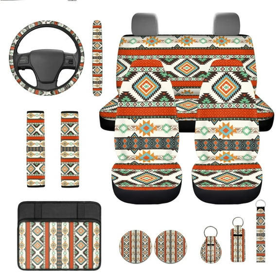 Jeiento Southwest Aztec Car Seat Covers Full Set Steering Wheel Cover Safe Belt Pads Coasters Center Console Cover Keychain, Southwestern Geometric Set of 13 Interior Automobile Accessory Sets