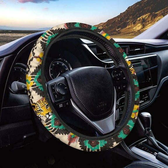 Jeiento Southwest Aztec Car Steering Wheel Cover Tiger Print Auto Steering Wrap Protector for Men Universal Fit for Most Cars Sedan SUV RV Van Interior Accessories