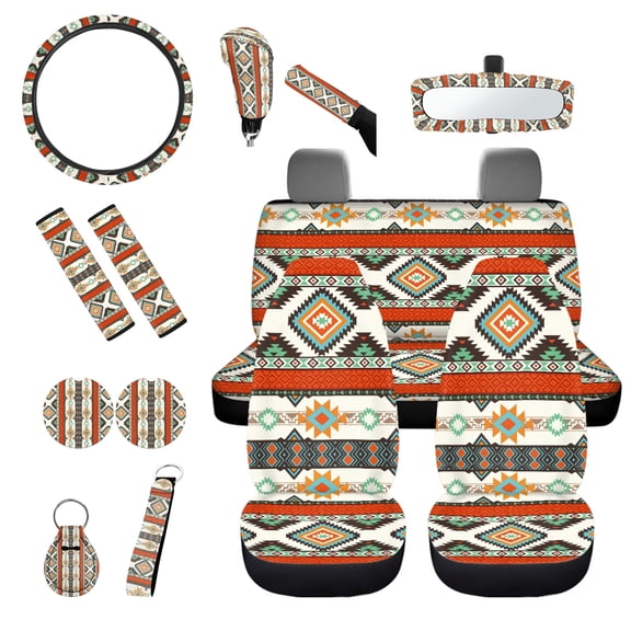 Jeiento Southwest Aztec Full Car Seat Covers Set of 14 Pcs, Auto Steering Wheel Cover Seatbelt Pad Rearview Mirror Cover Gear Shift Knob Cover Set Coaster Keychain Universal Auto Interior Accessory