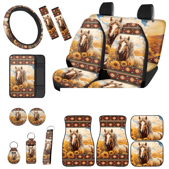 Jeiento Southwest Aztec Horse Auto Interior Accessories Set, 17 Piece Front and Rear Car Seat Covers Full Set with Sunflower Safety Seat Belt Pads Armrest Cover Steering Wheel Cover Floor Mats