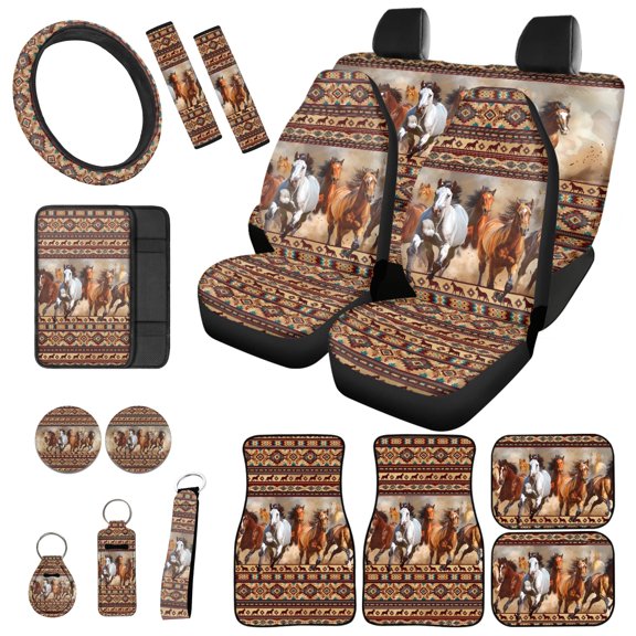 Jeiento Southwest Aztec Horse Car Seat Cover Set, Car Seat Cover Full Set with Car Floor Mats Steering Wheel Cover Armrest Cover Seatbelt Pads Coasters, Auto Interior Accessories, Set of 17, Brown