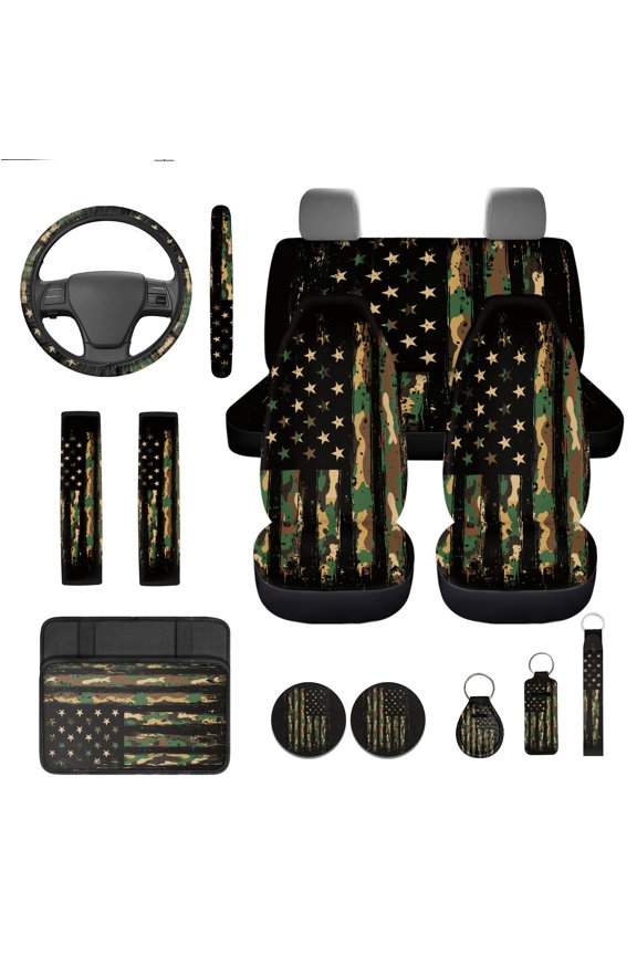 American Military Flag Car Seat Covers Front Rear Split Bench Full Set Steering Wheel Seat Belt Pads Armrest Pad Coasters Keychain, 13 PCS Auto Interior Accessory for Most Cars SUV Sedan