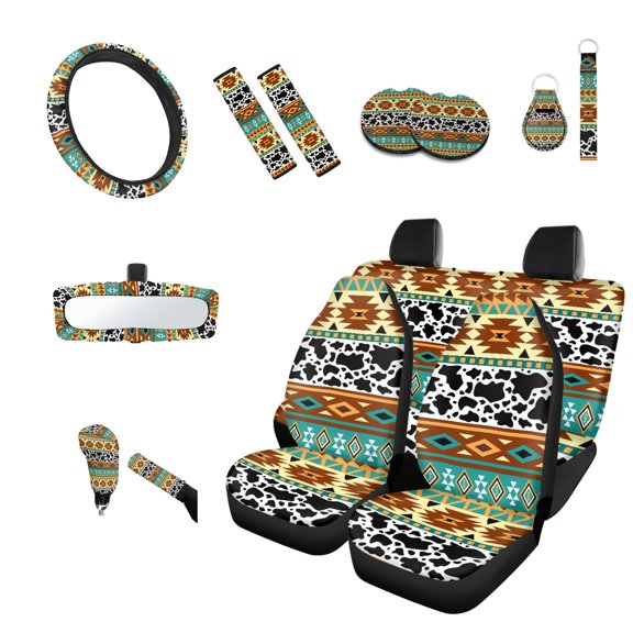 Jeiento Southwest Aztec Tribal Car Seat Cover Full Set 14 Pieces, with Steering Wheel Cover Seatbelt Shoulder Pad Coasters Cow Print Rear View Mirror Cover Blue Keychain Handbrake Cover Set