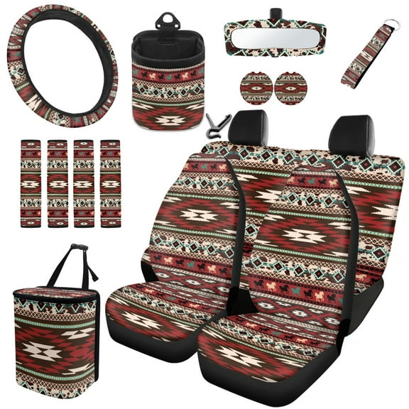 Jeiento Southwest Aztec Tribal Car Seat Cover Full Set of 15 Steering Wheel Cover Seatbelt Pads Coasters Garbage Bin Rear View Mirror Cover Red Key Chain Air Vent Storage Pouch Universal Fit