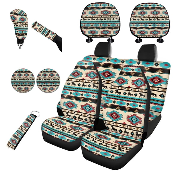 Jeiento Southwest Aztec Tribal Car Seat Cover Split Covers Full Set 11 PCS, with Headrest Cover Keychain Coasters Tropical Flower Handbrake Cover Gear Shift Knob Cover for Men Women, Universal Fit